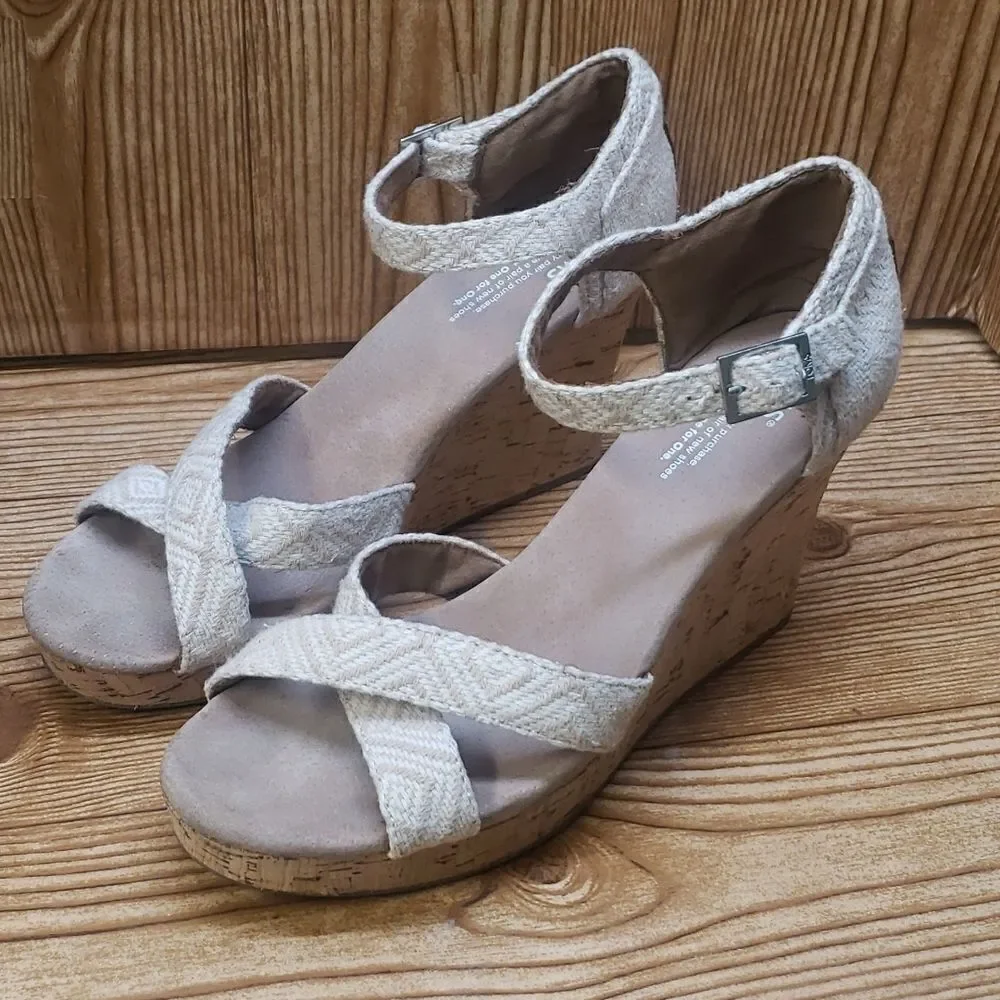 Toms Wedges Womens 10 Sienna Cork Sage Green Ankle Strap Peep Toe